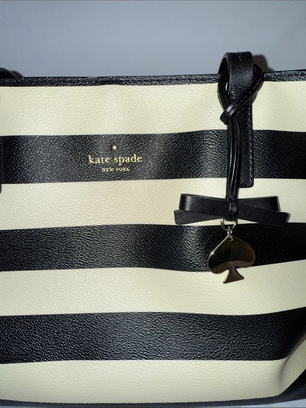 kate spade Black and White Striped Leather Tote with Bow Charm - Picture 2 of 8